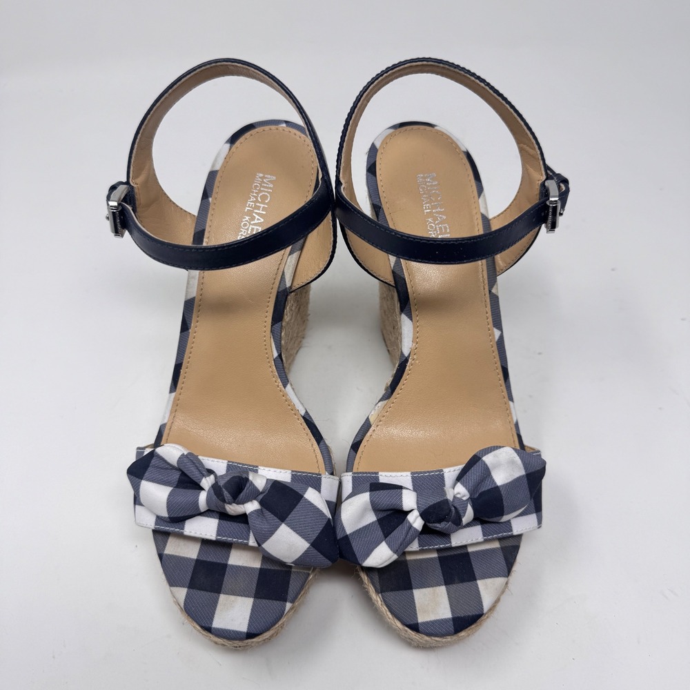 Michael Kors Pippa Gingham Espadrille Wedge Sandals Blue/White Check Size 6.5 - Picture 3 of 7